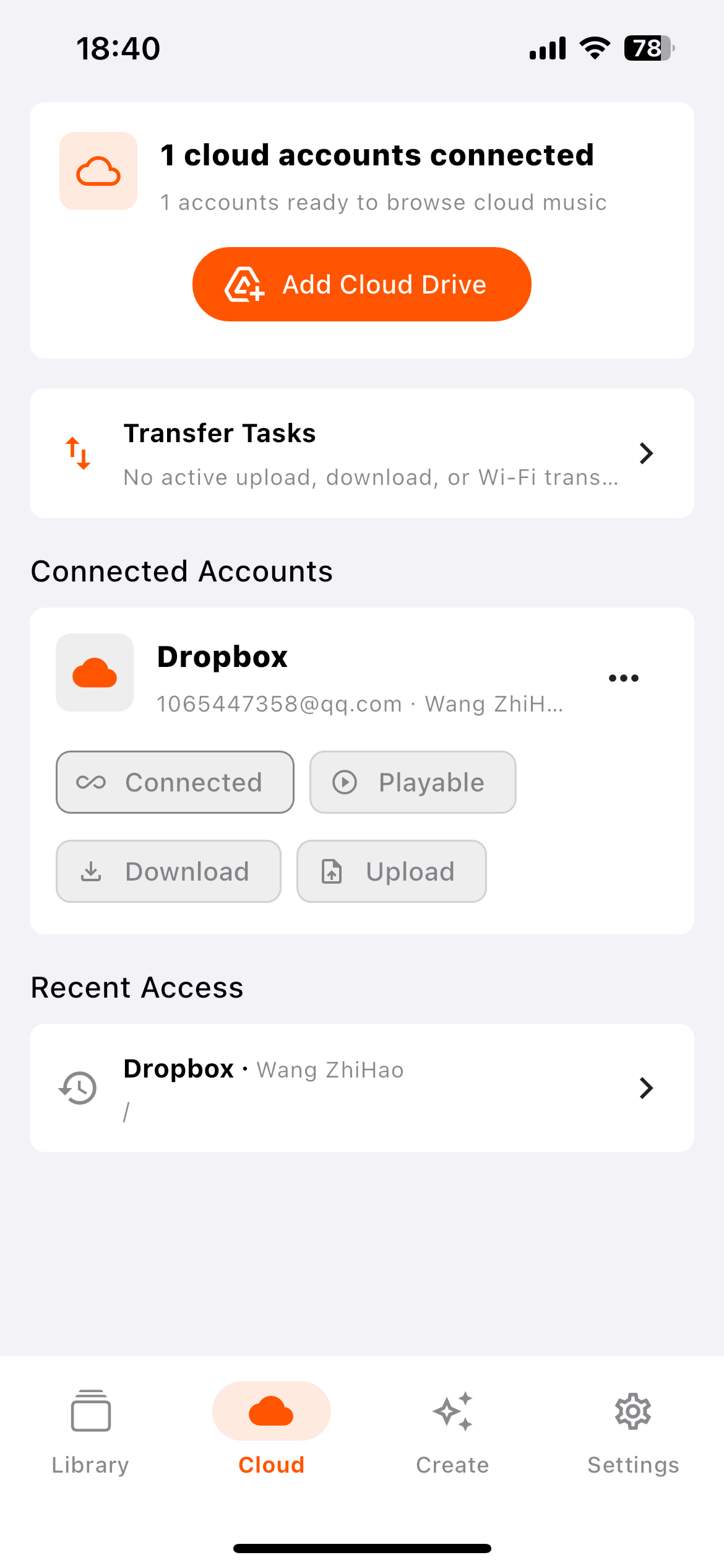 MusicX Cloud screen showing connected Dropbox account