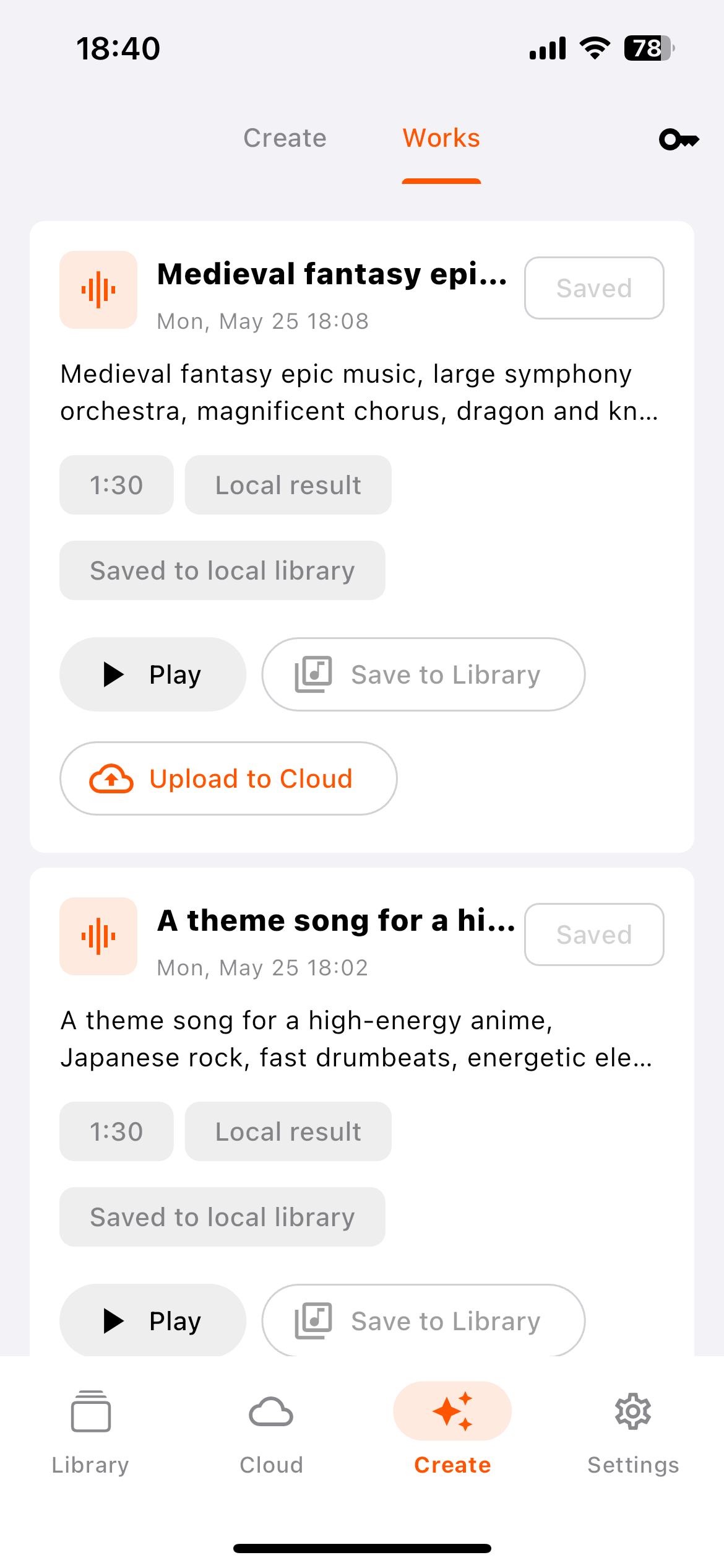 MusicX Create screen showing generated works