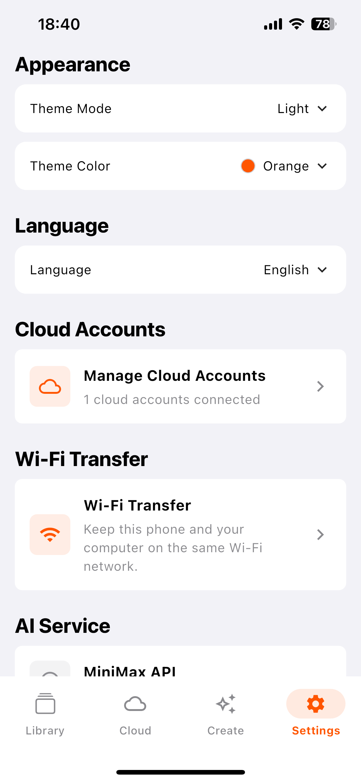 MusicX Settings screen showing appearance and Wi-Fi transfer settings